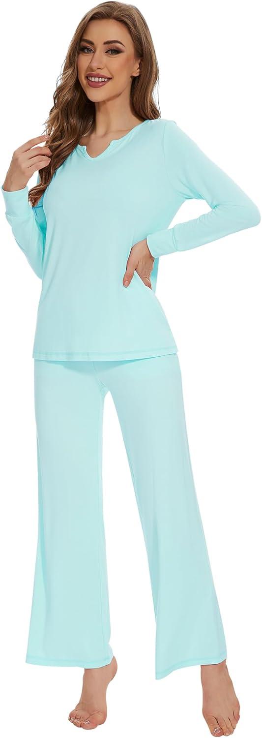 imageWiWi Pajamas for Women Long Sleeve Sleepwear with Pants Set Soft Casual Pj Warm Lounge Sets SXXLBaqua