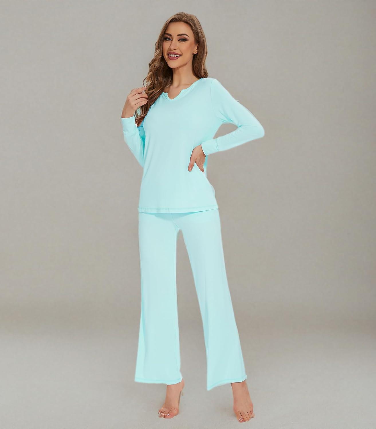 imageWiWi Pajamas for Women Long Sleeve Sleepwear with Pants Set Soft Casual Pj Warm Lounge Sets SXXLBaqua