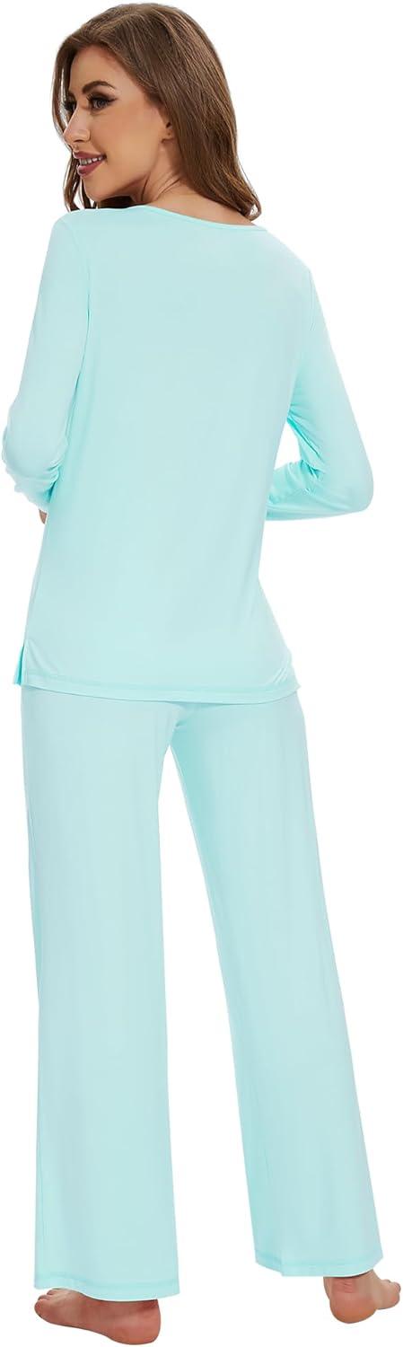 imageWiWi Pajamas for Women Long Sleeve Sleepwear with Pants Set Soft Casual Pj Warm Lounge Sets SXXLBaqua