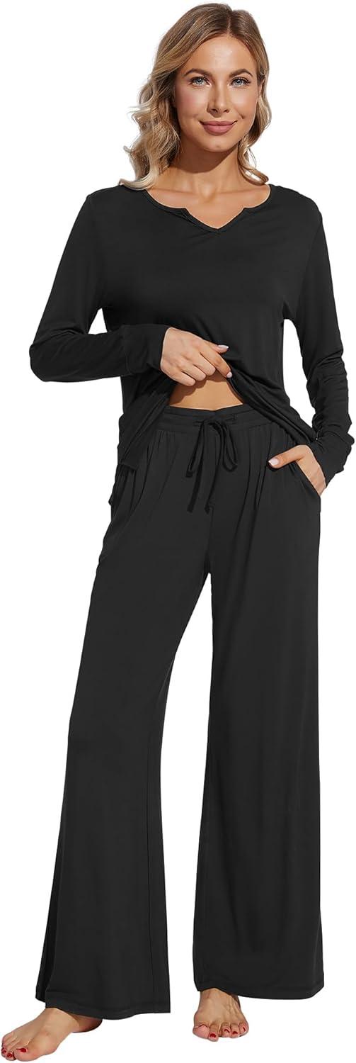 imageWiWi Pajamas for Women Long Sleeve Sleepwear with Pants Set Soft Casual Pj Warm Lounge Sets SXXLBblack