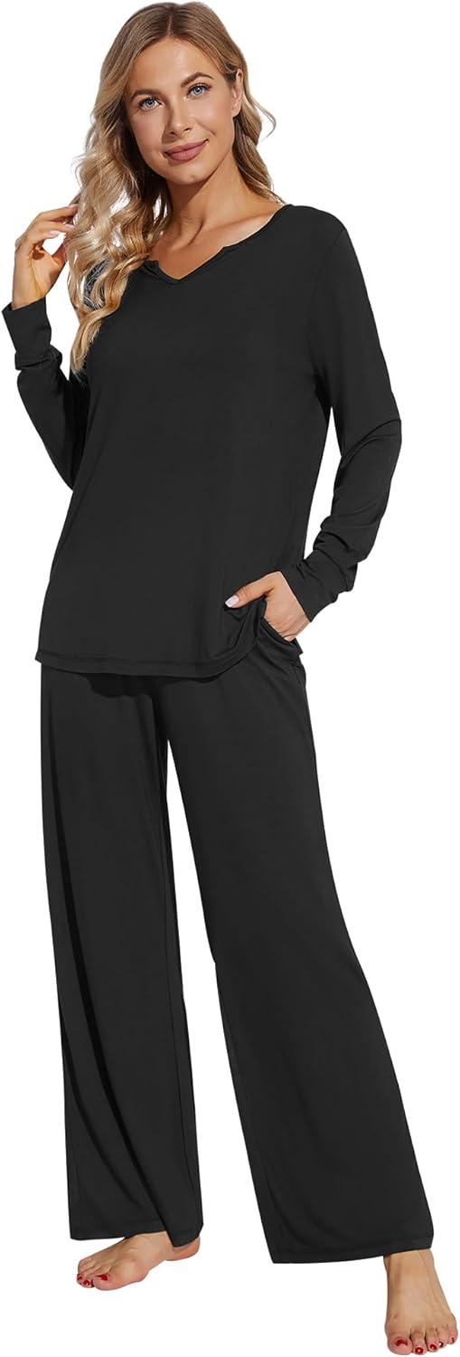 imageWiWi Pajamas for Women Long Sleeve Sleepwear with Pants Set Soft Casual Pj Warm Lounge Sets SXXLBblack