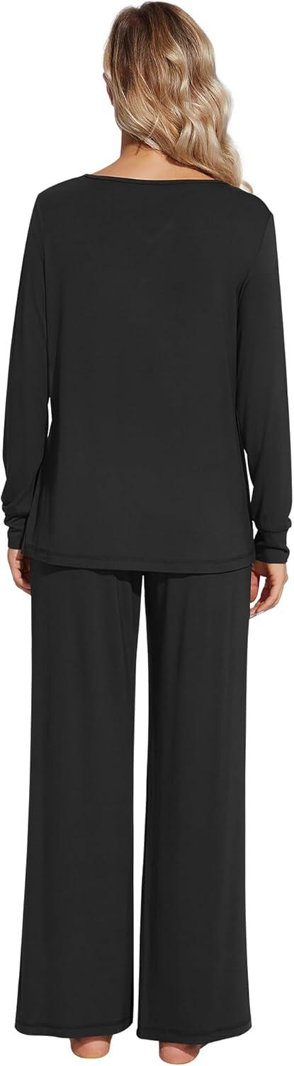 imageWiWi Pajamas for Women Long Sleeve Sleepwear with Pants Set Soft Casual Pj Warm Lounge Sets SXXLBblack