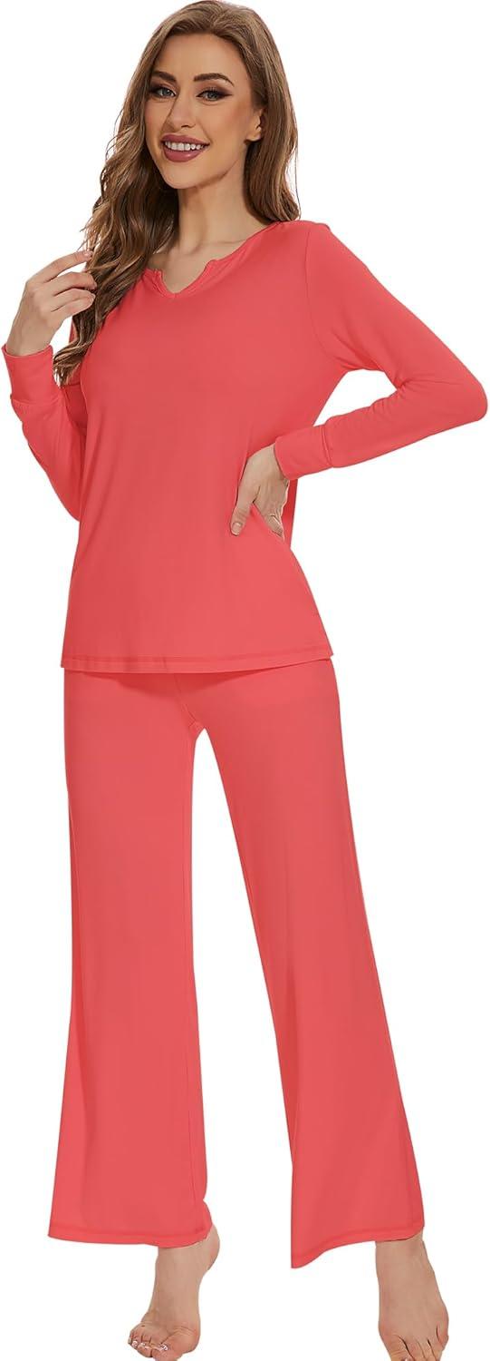 imageWiWi Pajamas for Women Long Sleeve Sleepwear with Pants Set Soft Casual Pj Warm Lounge Sets SXXLBcoral
