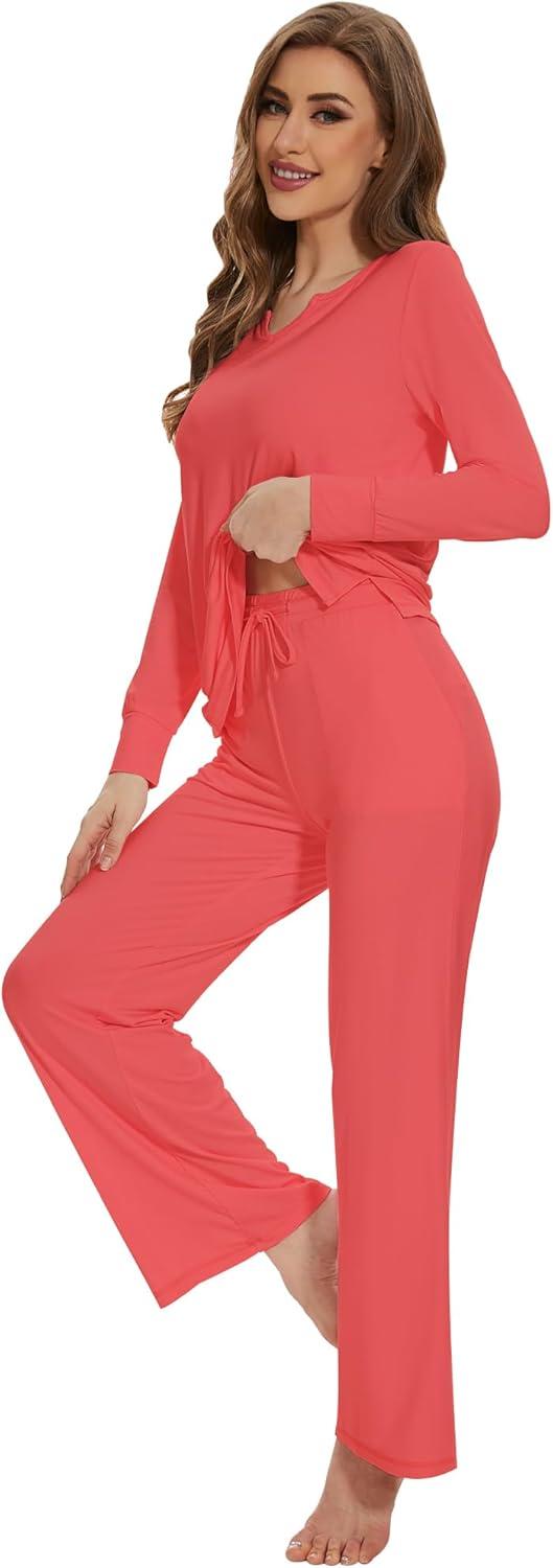 imageWiWi Pajamas for Women Long Sleeve Sleepwear with Pants Set Soft Casual Pj Warm Lounge Sets SXXLBcoral
