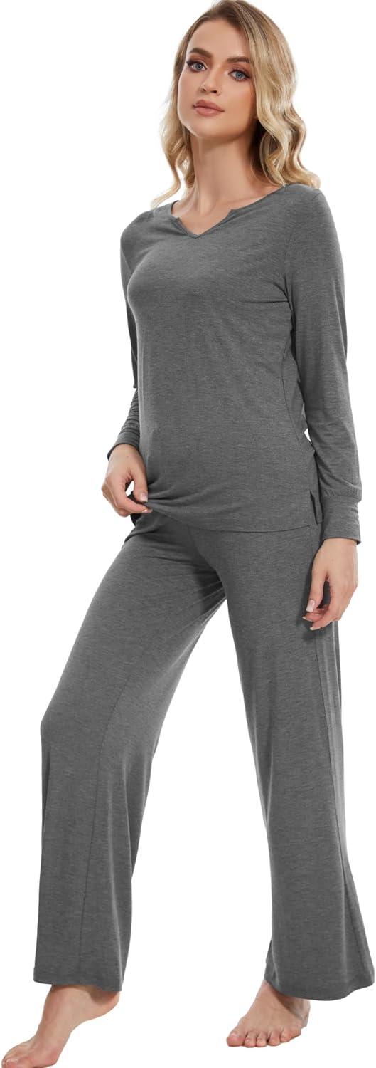 imageWiWi Pajamas for Women Long Sleeve Sleepwear with Pants Set Soft Casual Pj Warm Lounge Sets SXXLBdark Heather Grey