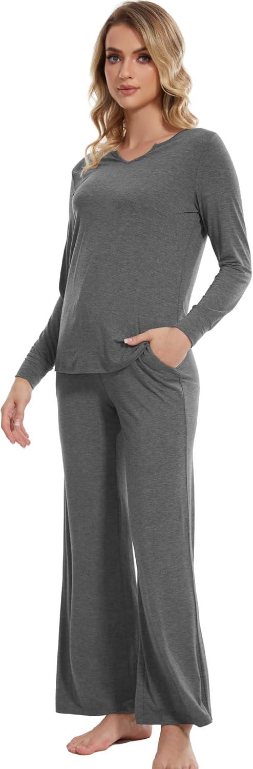 imageWiWi Pajamas for Women Long Sleeve Sleepwear with Pants Set Soft Casual Pj Warm Lounge Sets SXXLBdark Heather Grey