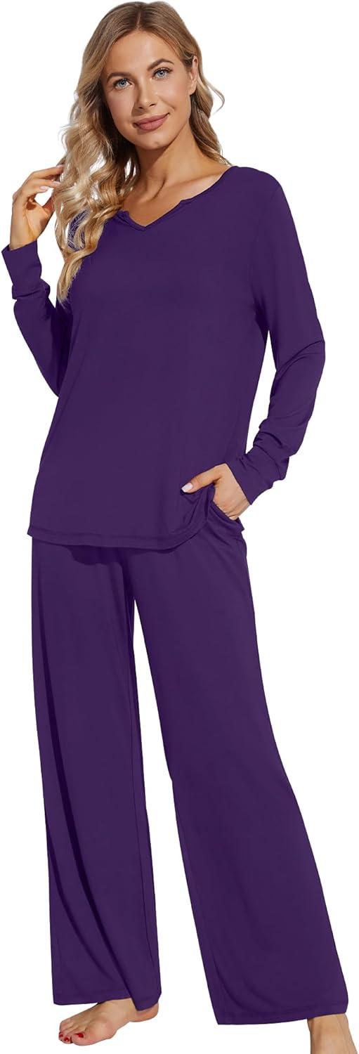 imageWiWi Pajamas for Women Long Sleeve Sleepwear with Pants Set Soft Casual Pj Warm Lounge Sets SXXLBdark Purple