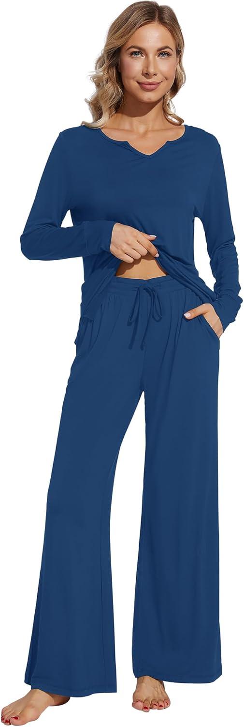 imageWiWi Pajamas for Women Long Sleeve Sleepwear with Pants Set Soft Casual Pj Warm Lounge Sets SXXLBink Blue