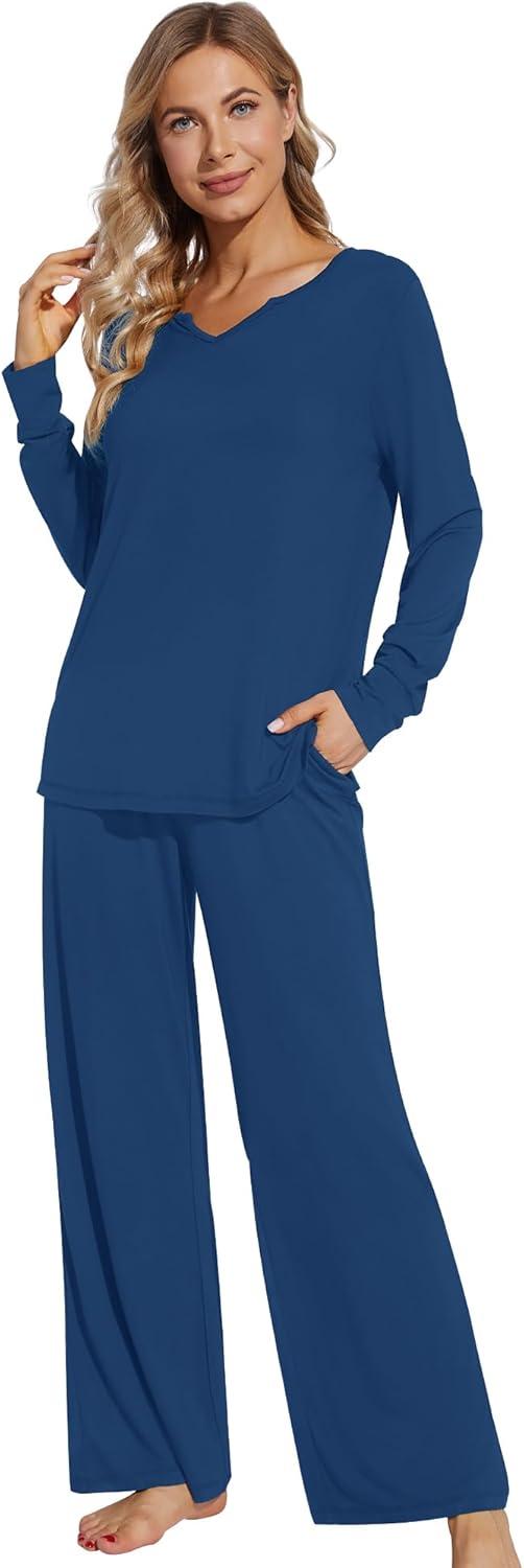 imageWiWi Pajamas for Women Long Sleeve Sleepwear with Pants Set Soft Casual Pj Warm Lounge Sets SXXLBink Blue