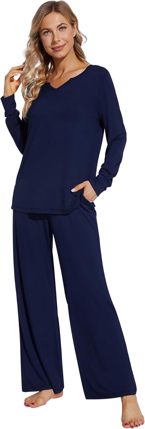 imageWiWi Pajamas for Women Long Sleeve Sleepwear with Pants Set Soft Casual Pj Warm Lounge Sets SXXLBnavy
