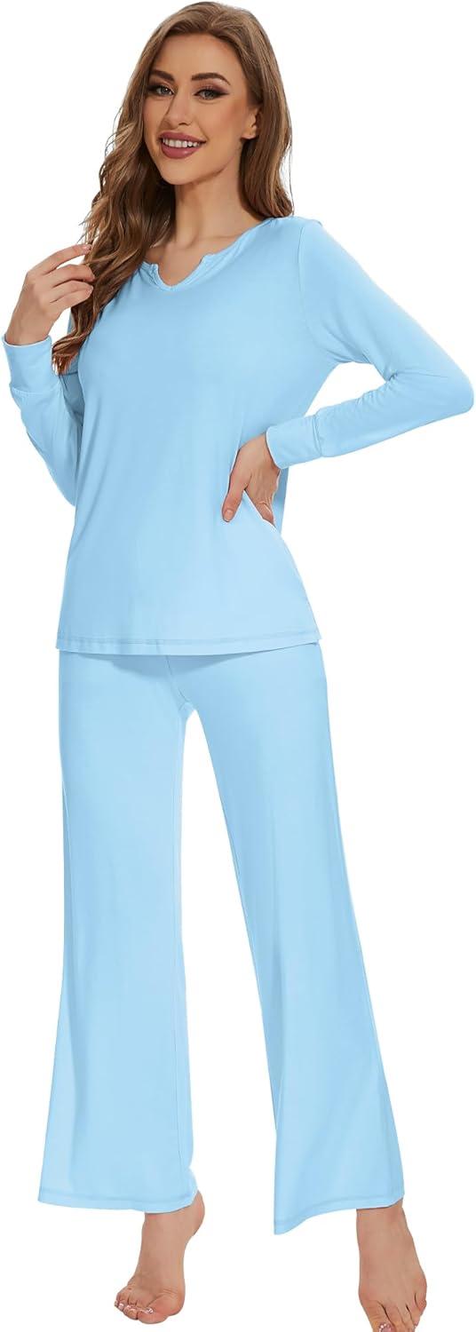 imageWiWi Pajamas for Women Long Sleeve Sleepwear with Pants Set Soft Casual Pj Warm Lounge Sets SXXLBpale Blue