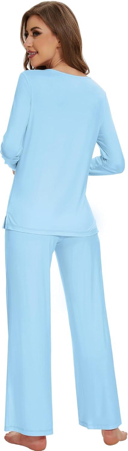 imageWiWi Pajamas for Women Long Sleeve Sleepwear with Pants Set Soft Casual Pj Warm Lounge Sets SXXLBpale Blue