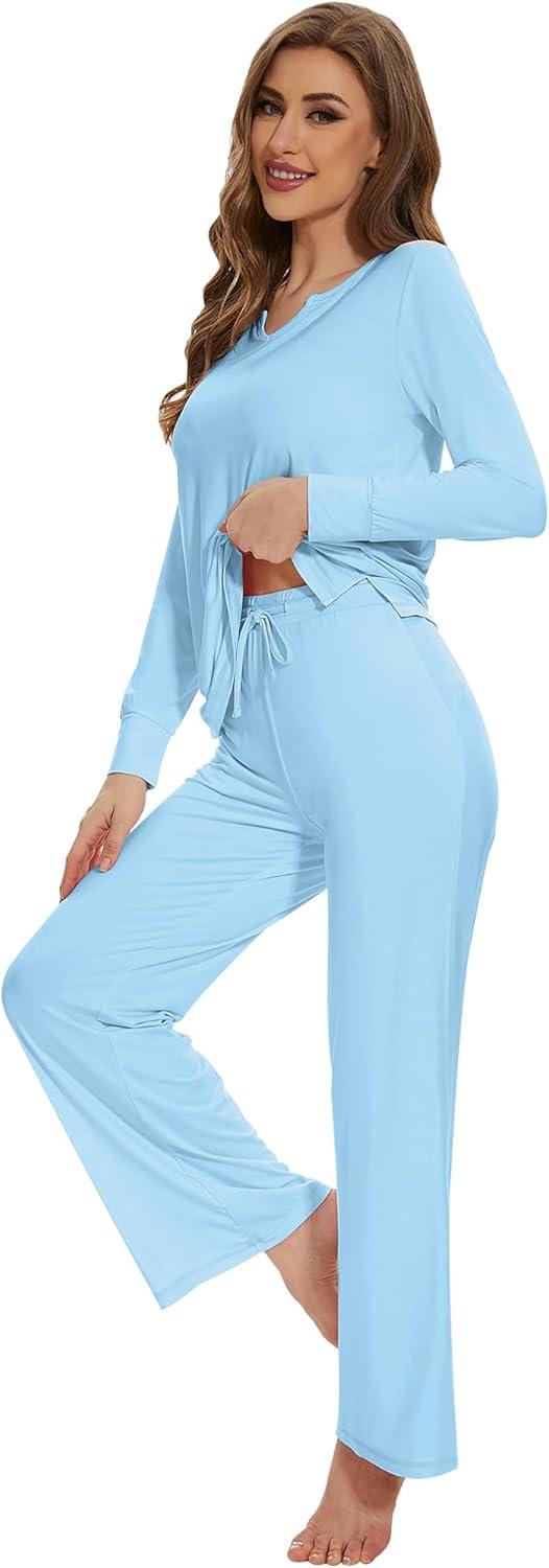 imageWiWi Pajamas for Women Long Sleeve Sleepwear with Pants Set Soft Casual Pj Warm Lounge Sets SXXLBpale Blue