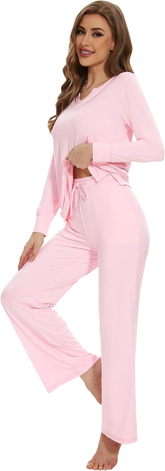 imageWiWi Pajamas for Women Long Sleeve Sleepwear with Pants Set Soft Casual Pj Warm Lounge Sets SXXLBpink