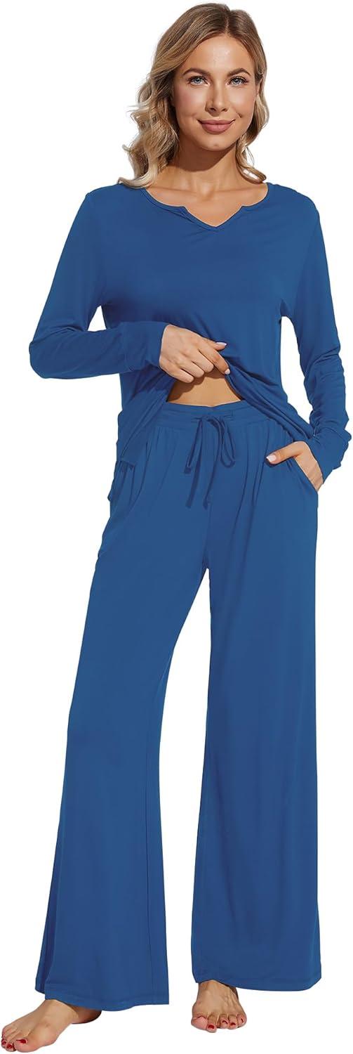 imageWiWi Pajamas for Women Long Sleeve Sleepwear with Pants Set Soft Casual Pj Warm Lounge Sets SXXLBprussian Blue