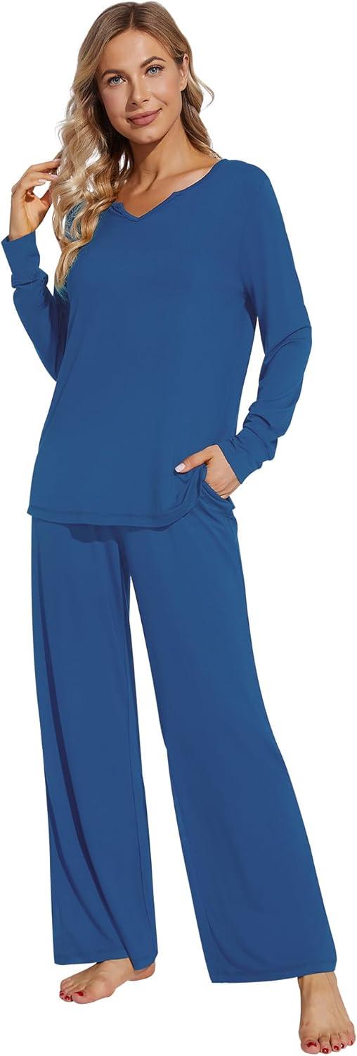 imageWiWi Pajamas for Women Long Sleeve Sleepwear with Pants Set Soft Casual Pj Warm Lounge Sets SXXLBprussian Blue