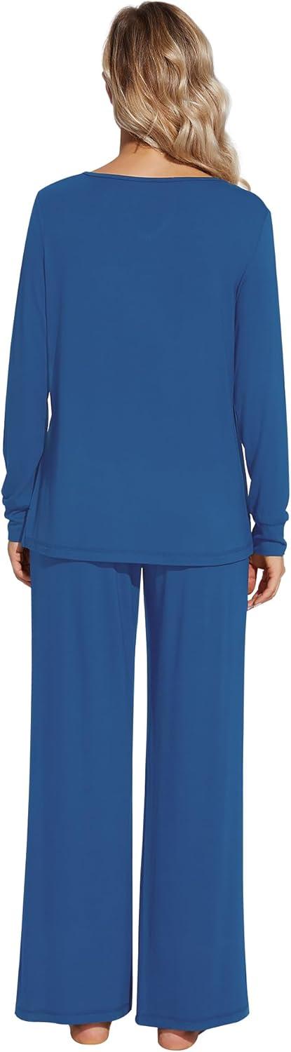 imageWiWi Pajamas for Women Long Sleeve Sleepwear with Pants Set Soft Casual Pj Warm Lounge Sets SXXLBprussian Blue