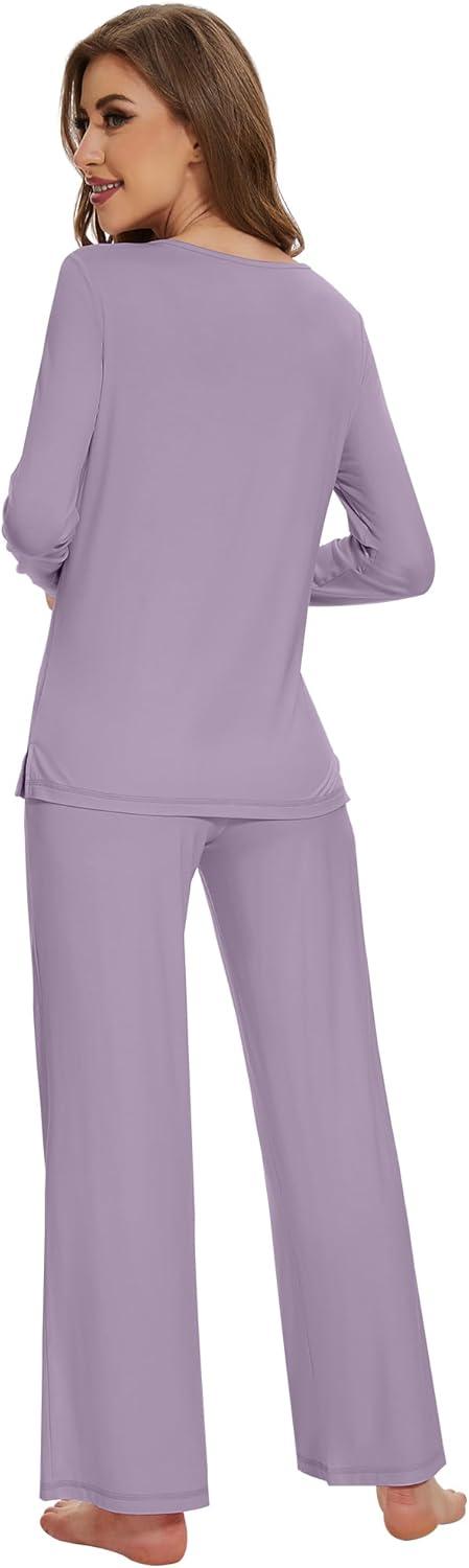 imageWiWi Pajamas for Women Long Sleeve Sleepwear with Pants Set Soft Casual Pj Warm Lounge Sets SXXLBviolet