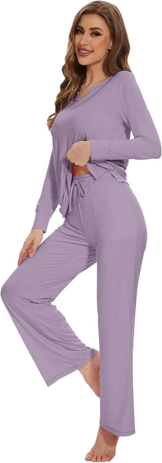 imageWiWi Pajamas for Women Long Sleeve Sleepwear with Pants Set Soft Casual Pj Warm Lounge Sets SXXLBviolet