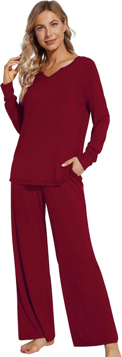 imageWiWi Pajamas for Women Long Sleeve Sleepwear with Pants Set Soft Casual Pj Warm Lounge Sets SXXLBwine Red