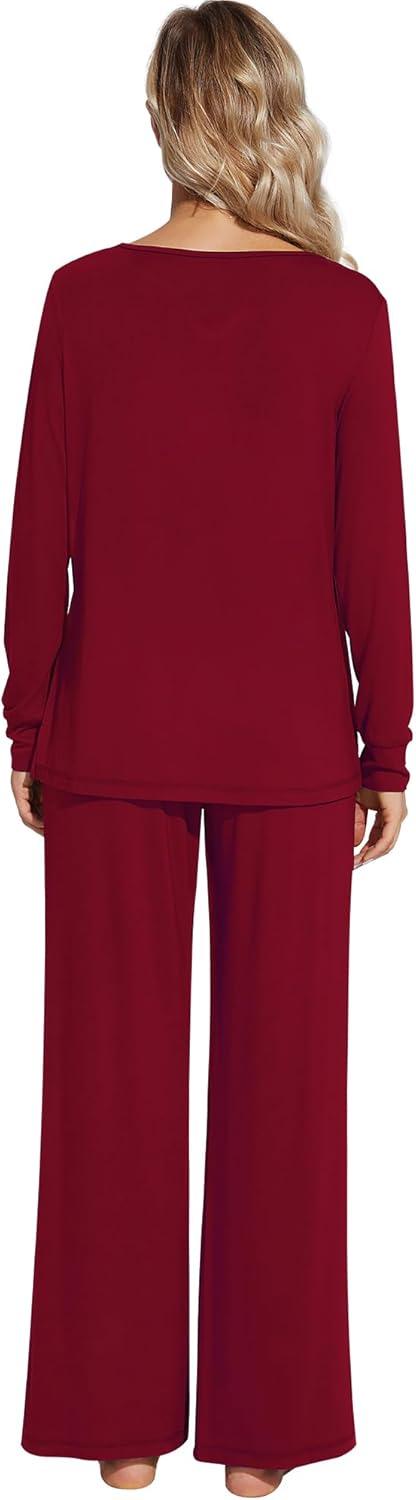 imageWiWi Pajamas for Women Long Sleeve Sleepwear with Pants Set Soft Casual Pj Warm Lounge Sets SXXLBwine Red
