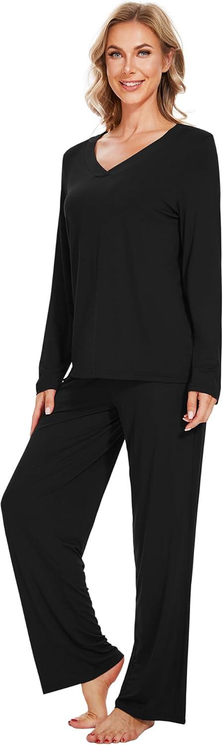 imageWiWi Pajamas for Women Long Sleeve Sleepwear with Pants Set Soft Casual Pj Warm Lounge Sets SXXLCblack