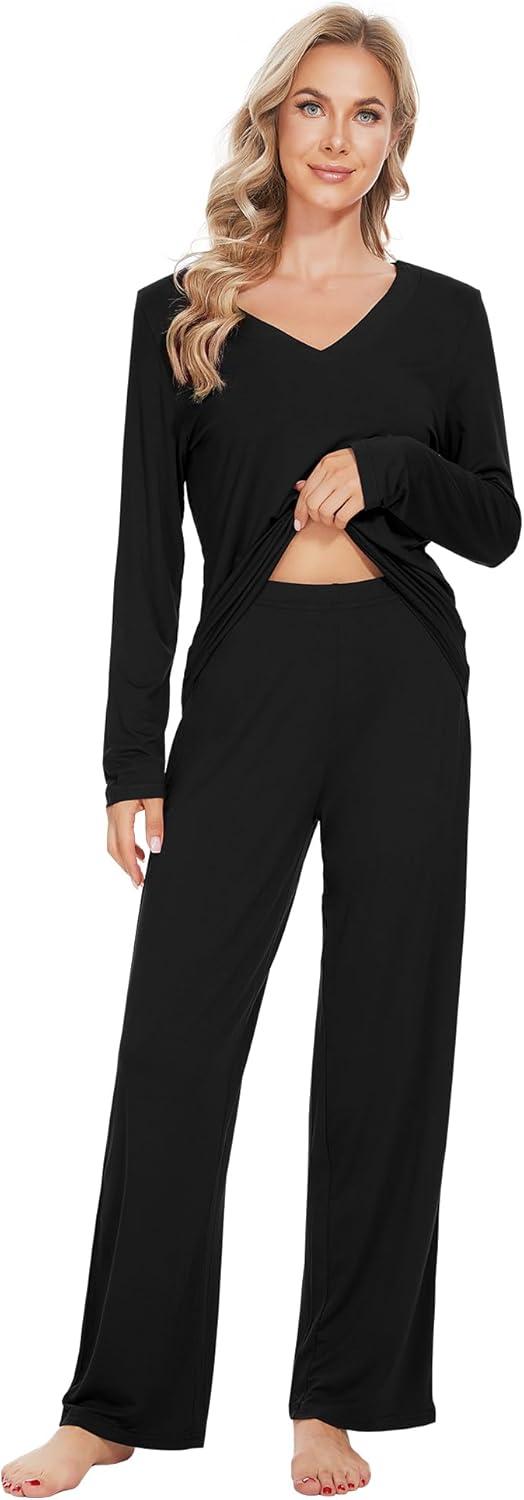 imageWiWi Pajamas for Women Long Sleeve Sleepwear with Pants Set Soft Casual Pj Warm Lounge Sets SXXLCblack
