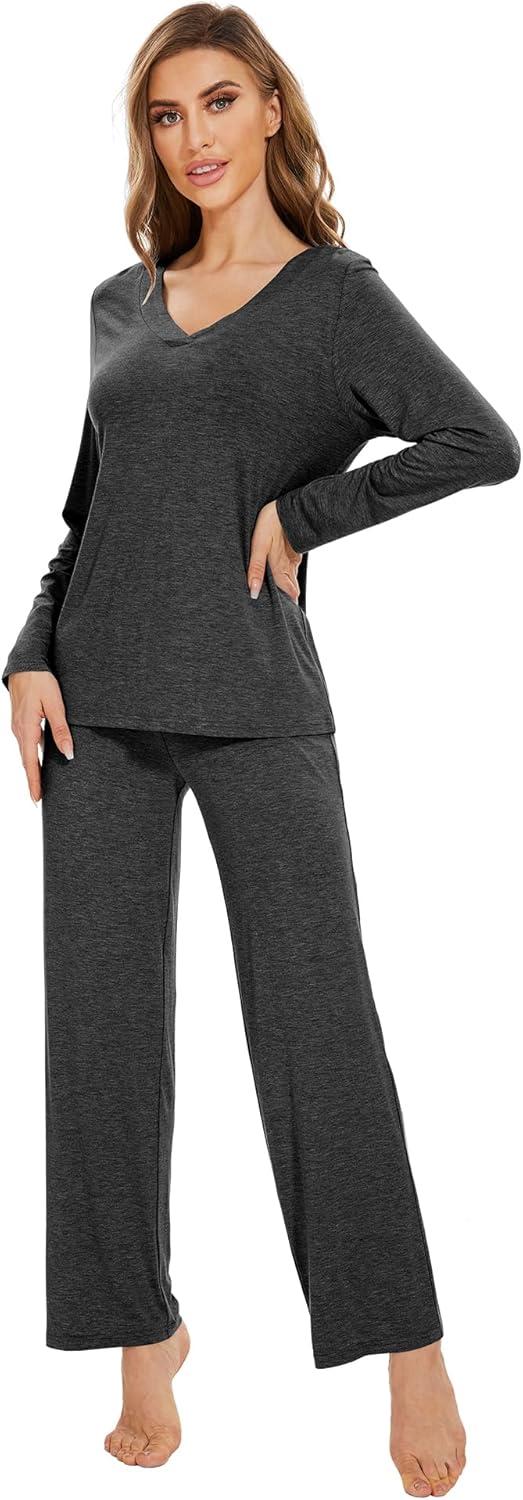 imageWiWi Pajamas for Women Long Sleeve Sleepwear with Pants Set Soft Casual Pj Warm Lounge Sets SXXLCcharcoal Heather