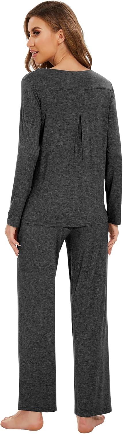 imageWiWi Pajamas for Women Long Sleeve Sleepwear with Pants Set Soft Casual Pj Warm Lounge Sets SXXLCcharcoal Heather