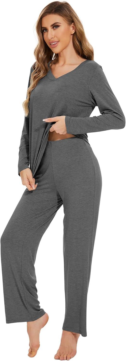 imageWiWi Pajamas for Women Long Sleeve Sleepwear with Pants Set Soft Casual Pj Warm Lounge Sets SXXLCdark Heather Grey