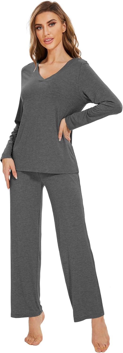 imageWiWi Pajamas for Women Long Sleeve Sleepwear with Pants Set Soft Casual Pj Warm Lounge Sets SXXLCdark Heather Grey