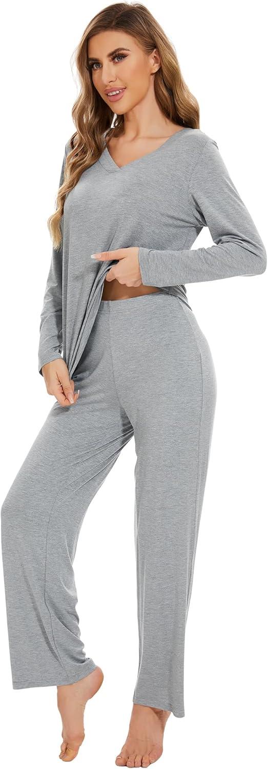 imageWiWi Pajamas for Women Long Sleeve Sleepwear with Pants Set Soft Casual Pj Warm Lounge Sets SXXLCheather Grey