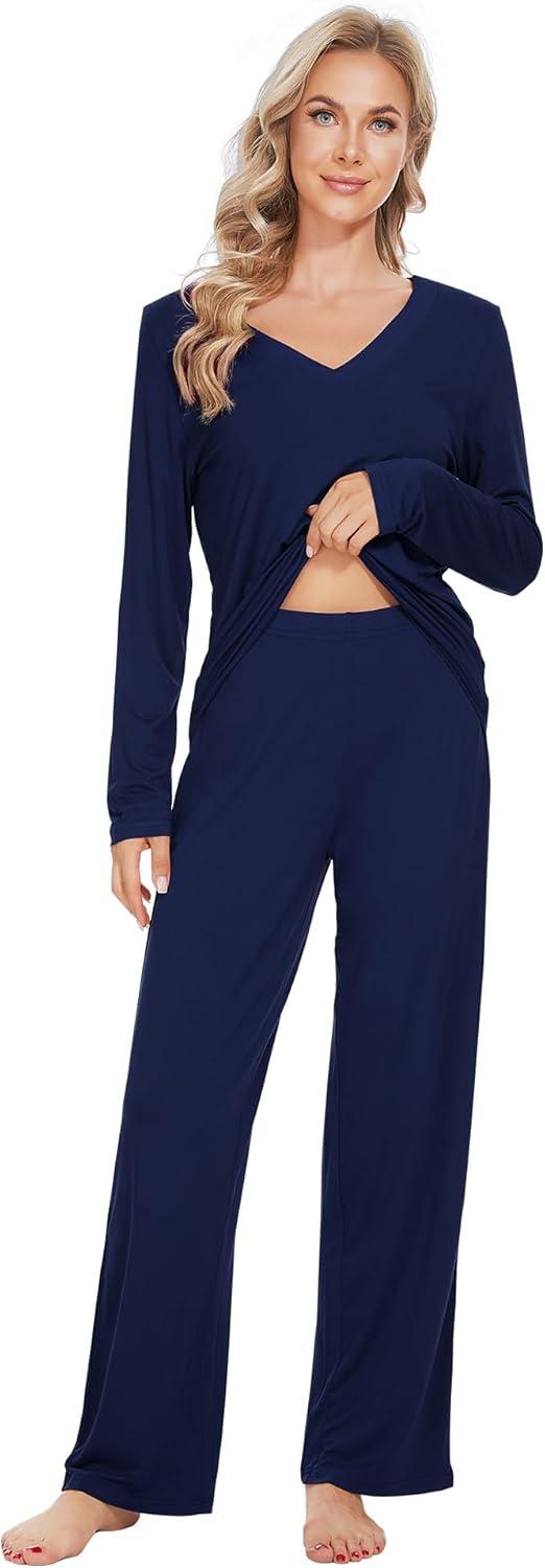 imageWiWi Pajamas for Women Long Sleeve Sleepwear with Pants Set Soft Casual Pj Warm Lounge Sets SXXLCnavy