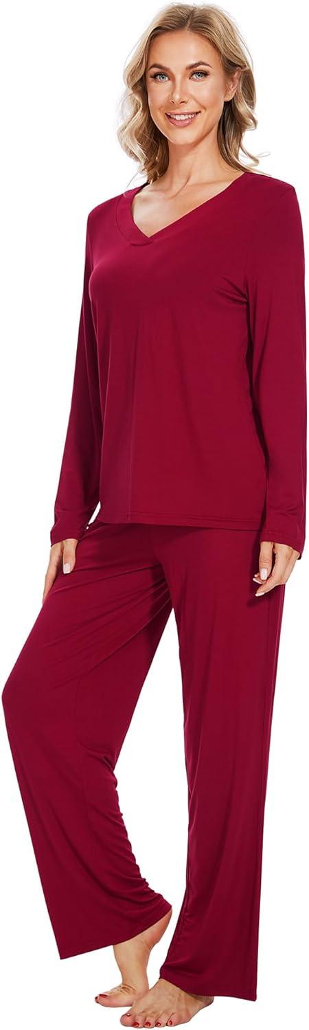 imageWiWi Pajamas for Women Long Sleeve Sleepwear with Pants Set Soft Casual Pj Warm Lounge Sets SXXLCwine Red