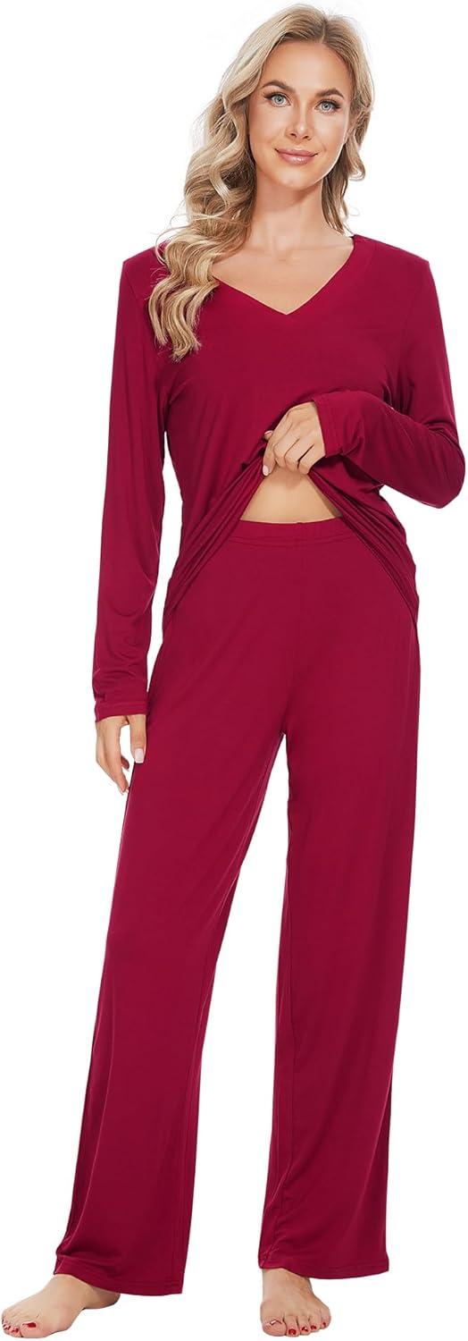 imageWiWi Pajamas for Women Long Sleeve Sleepwear with Pants Set Soft Casual Pj Warm Lounge Sets SXXLCwine Red