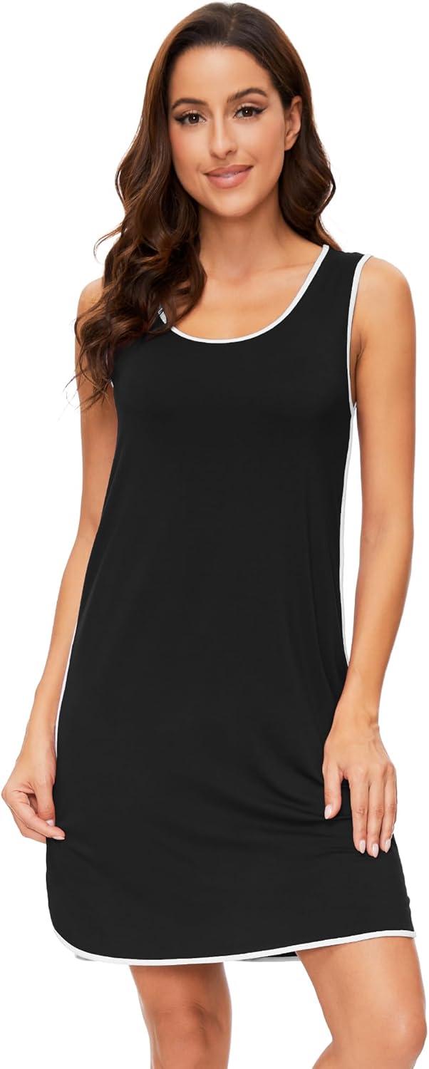 imageWiWi Soft Viscose from Bamboo Sleeveless Nightgowns for Women UNeck Tank Pajamas Gowns Sleep Shirt SXXLBlack