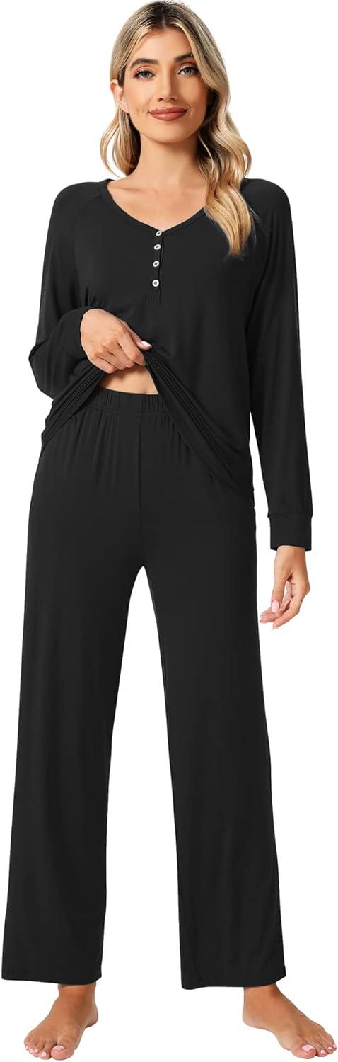 imageWiWi Viscose from Bamboo Pajama Set for Women 2 Pieces Long Sleeve Loungwear Soft Sleepwear Loose Comfy Pj Sets Pockets SXXLAblack