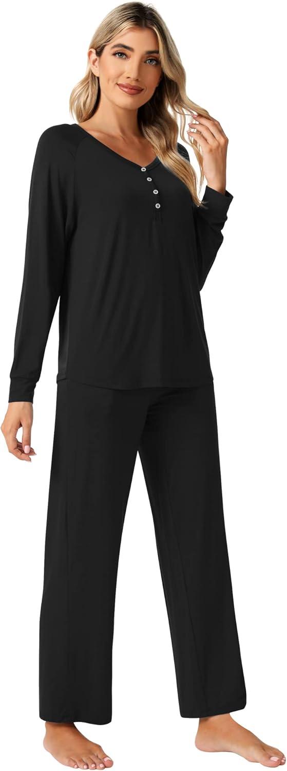 imageWiWi Viscose from Bamboo Pajama Set for Women 2 Pieces Long Sleeve Loungwear Soft Sleepwear Loose Comfy Pj Sets Pockets SXXLAblack