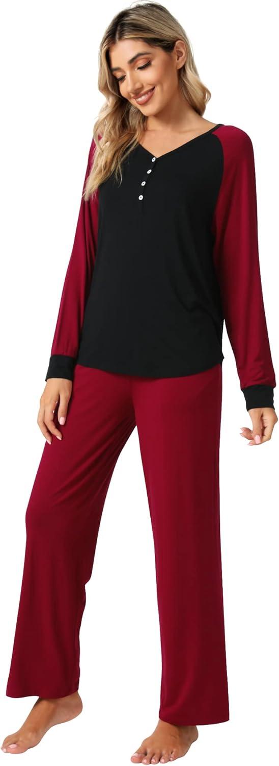 imageWiWi Viscose from Bamboo Pajama Set for Women 2 Pieces Long Sleeve Loungwear Soft Sleepwear Loose Comfy Pj Sets Pockets SXXLAblackWine Red