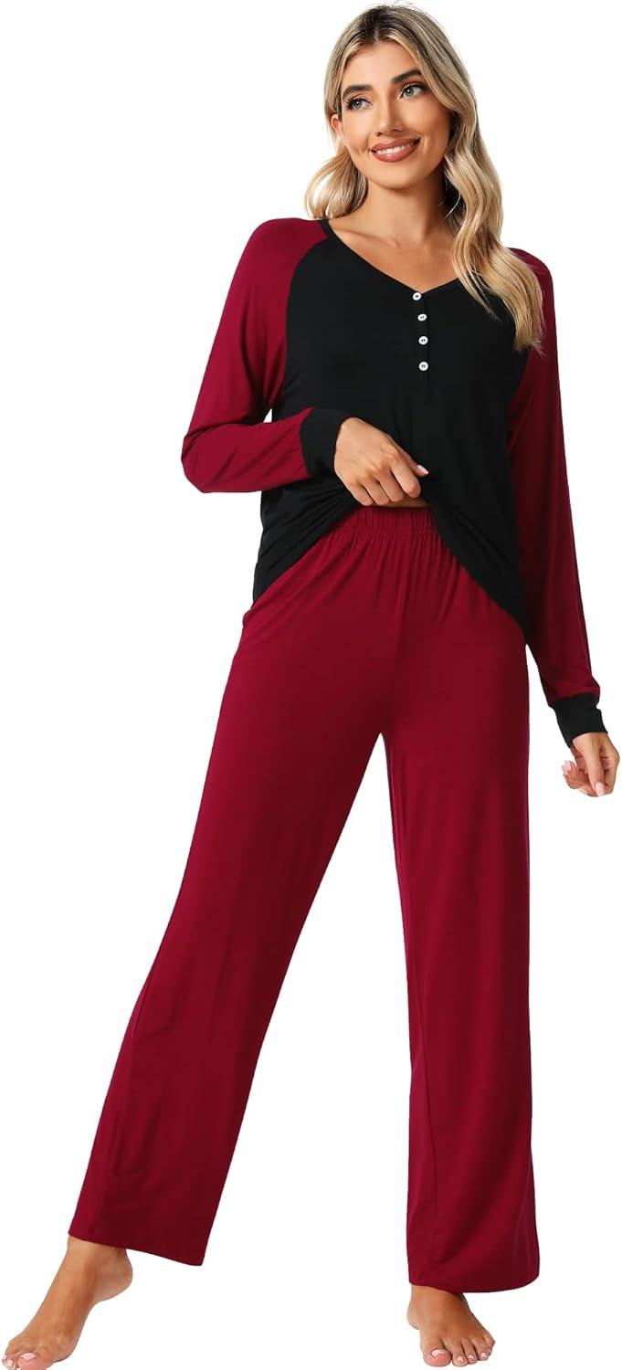 imageWiWi Viscose from Bamboo Pajama Set for Women 2 Pieces Long Sleeve Loungwear Soft Sleepwear Loose Comfy Pj Sets Pockets SXXLAblackWine Red