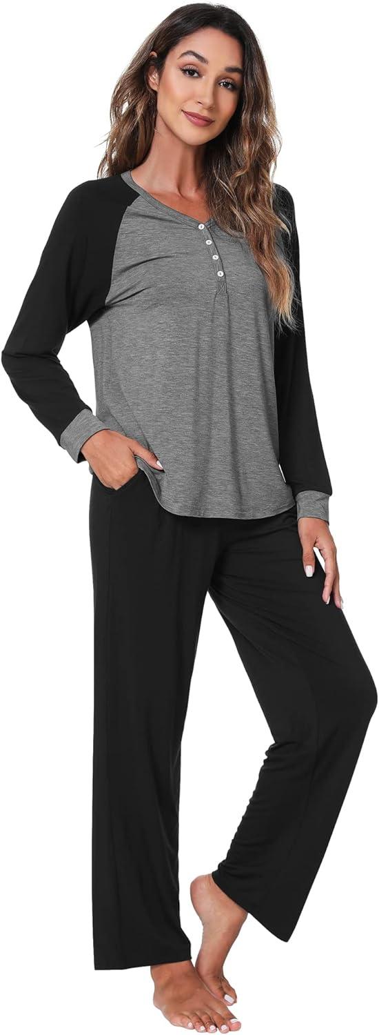 imageWiWi Viscose from Bamboo Pajama Set for Women 2 Pieces Long Sleeve Loungwear Soft Sleepwear Loose Comfy Pj Sets Pockets SXXLAdark Heather GreyBlack