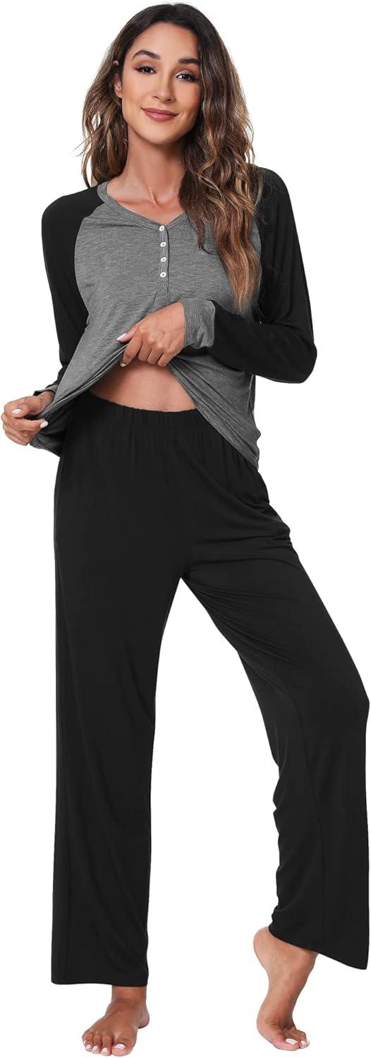 imageWiWi Viscose from Bamboo Pajama Set for Women 2 Pieces Long Sleeve Loungwear Soft Sleepwear Loose Comfy Pj Sets Pockets SXXLAdark Heather GreyBlack