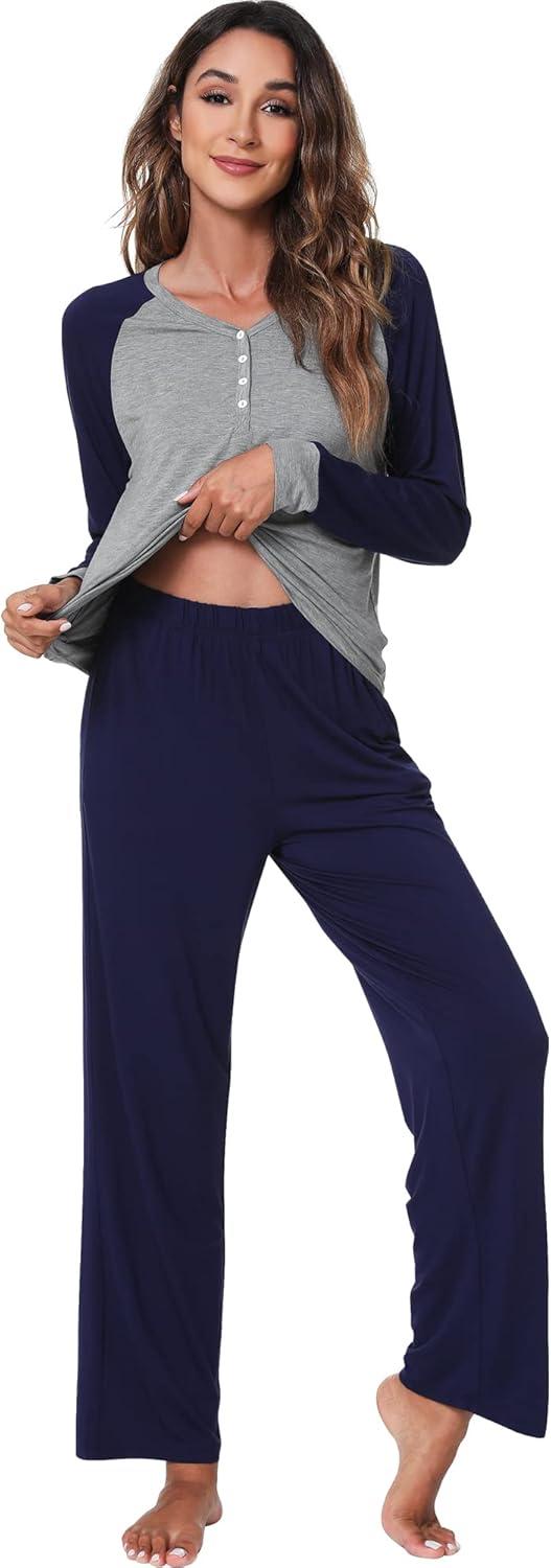imageWiWi Viscose from Bamboo Pajama Set for Women 2 Pieces Long Sleeve Loungwear Soft Sleepwear Loose Comfy Pj Sets Pockets SXXLAheather GreyNavy