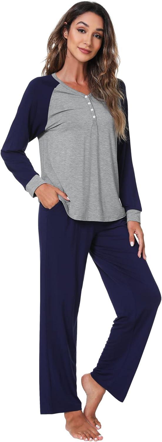 imageWiWi Viscose from Bamboo Pajama Set for Women 2 Pieces Long Sleeve Loungwear Soft Sleepwear Loose Comfy Pj Sets Pockets SXXLAheather GreyNavy