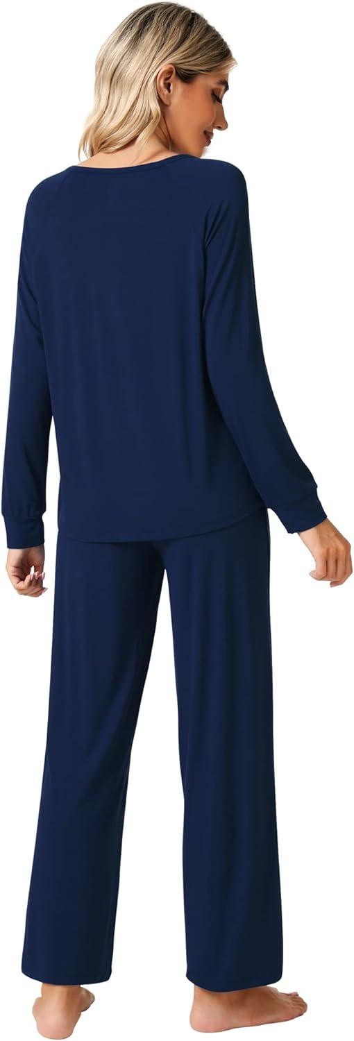 imageWiWi Viscose from Bamboo Pajama Set for Women 2 Pieces Long Sleeve Loungwear Soft Sleepwear Loose Comfy Pj Sets Pockets SXXLAnavy