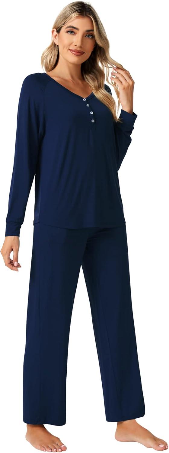 imageWiWi Viscose from Bamboo Pajama Set for Women 2 Pieces Long Sleeve Loungwear Soft Sleepwear Loose Comfy Pj Sets Pockets SXXLAnavy