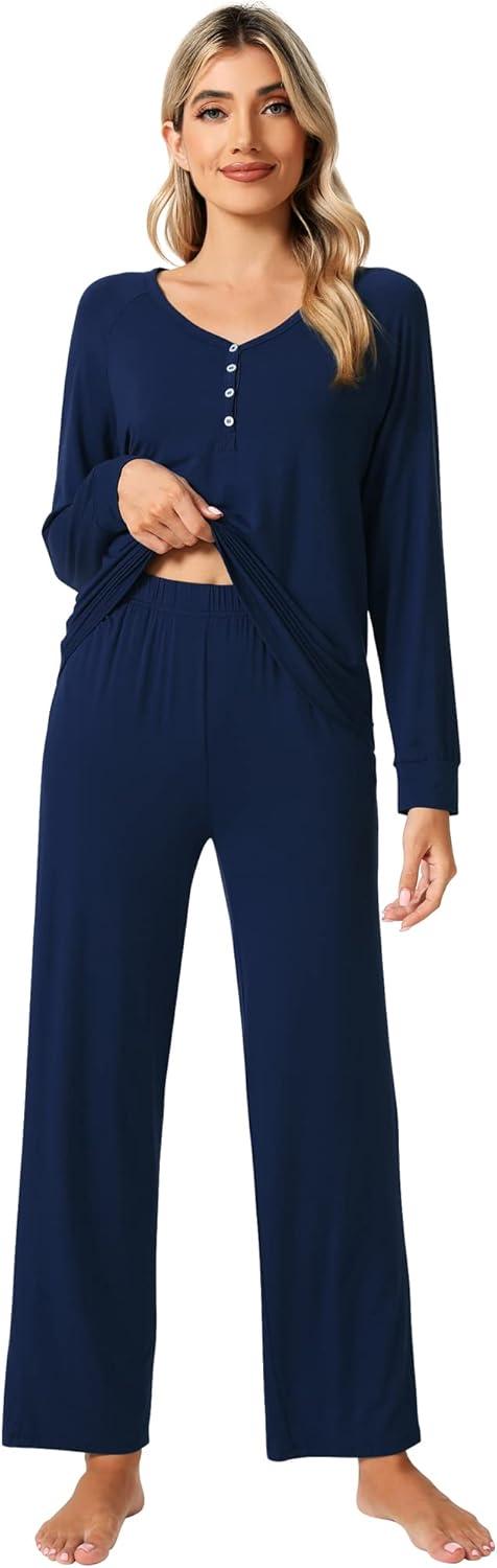 imageWiWi Viscose from Bamboo Pajama Set for Women 2 Pieces Long Sleeve Loungwear Soft Sleepwear Loose Comfy Pj Sets Pockets SXXLAnavy