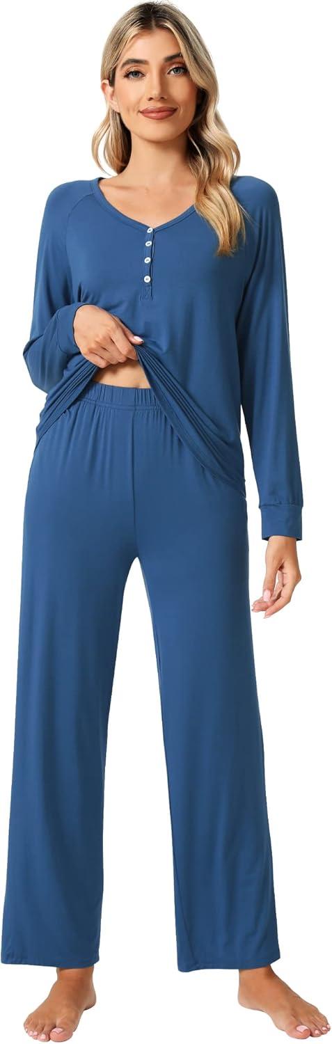 imageWiWi Viscose from Bamboo Pajama Set for Women 2 Pieces Long Sleeve Loungwear Soft Sleepwear Loose Comfy Pj Sets Pockets SXXLAprussian Blue