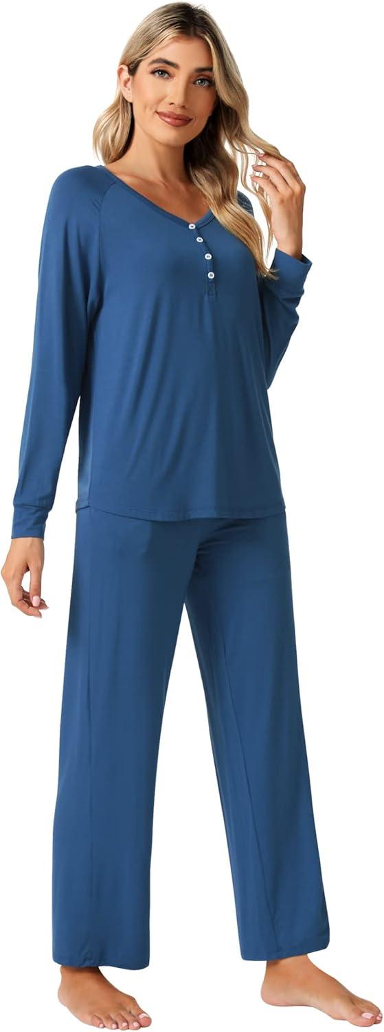 imageWiWi Viscose from Bamboo Pajama Set for Women 2 Pieces Long Sleeve Loungwear Soft Sleepwear Loose Comfy Pj Sets Pockets SXXLAprussian Blue