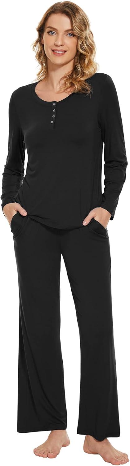 imageWiWi Viscose from Bamboo Pajama Set for Women 2 Pieces Long Sleeve Loungwear Soft Sleepwear Loose Comfy Pj Sets Pockets SXXLBblack